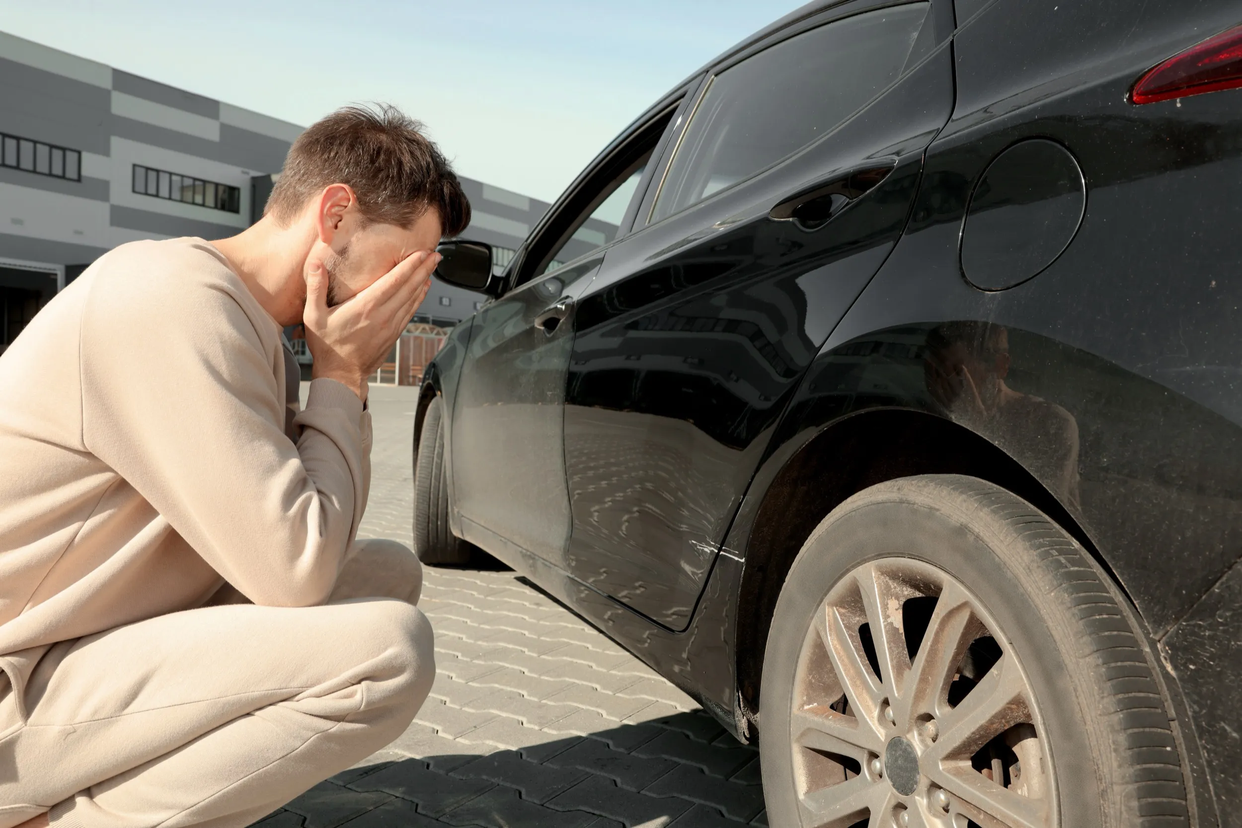 Driver standing beside a car damaged in a collision