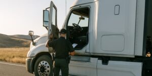 A highway safety inspection scene showing a semi-truck pulled over on the roadside while a transportation officer reviews documents with the driver, illustrating FMCSA trucking accident safety regulations in practice.