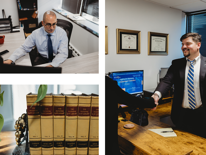 Vito & Dollenmaier attorneys at work, law books, and an attorney greeting a client